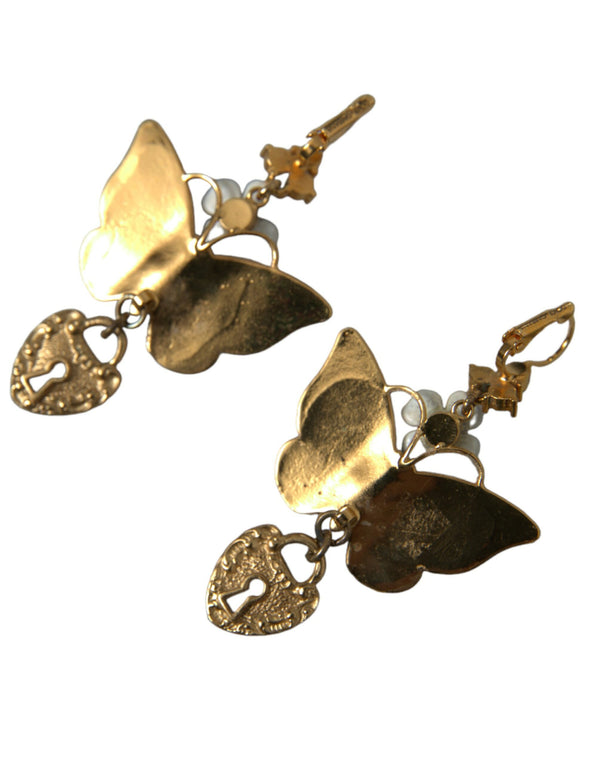 Dolce & Gabbana Gold Purple Crystal Butterfly Heart Locket Earrings