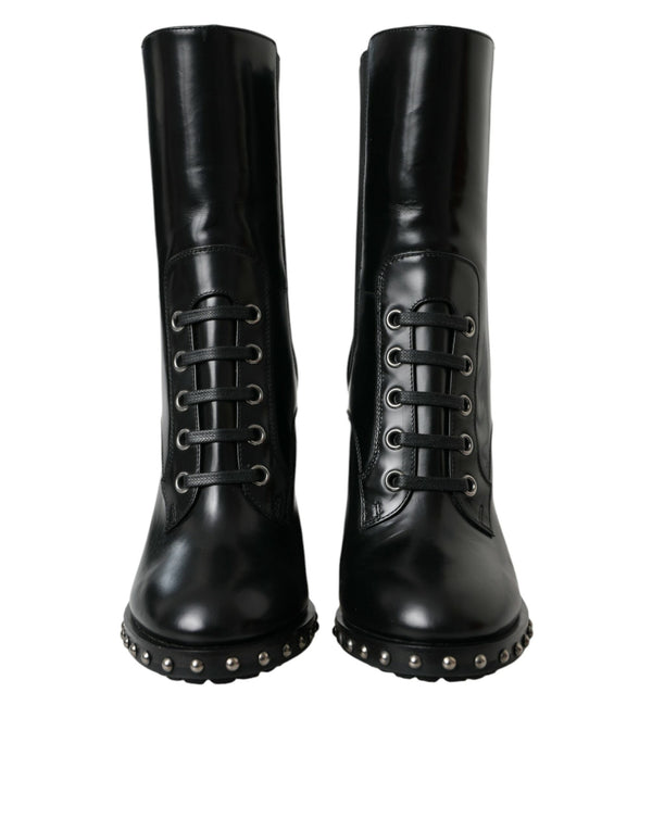 Dolce & Gabbana Black Leather Studded Lace Up Boots Shoes