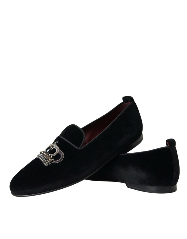 Dolce & Gabbana Black Velvet Crystal Crown Men Loafers Shoes