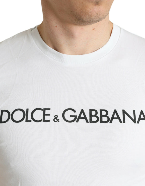 Dolce &amp; Gabbana White Logo Print Cotton Round Neck T-paita