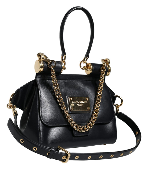 Dolce & Gabbana Black Calfskin Leather SICILY Chain Strap Crossbody Bag