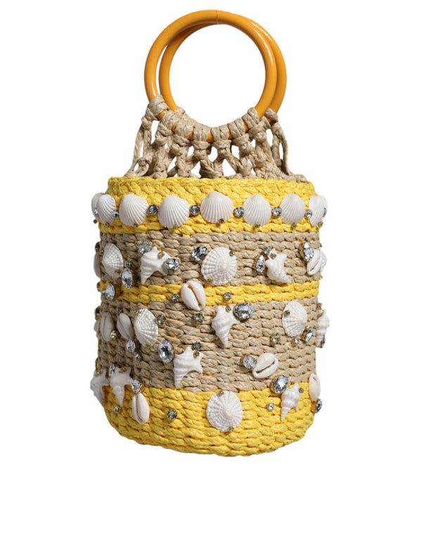 Dolce & Gabbana Beige Yellow Rafia Seashells Crystal Bucket Bag