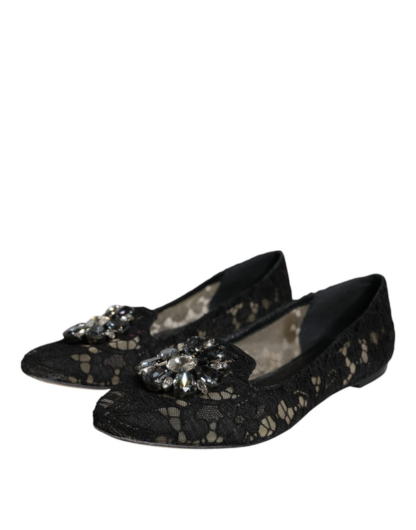 Dolce & Gabbana Black Lace Crystal Ballet Flats Loafer Shoes