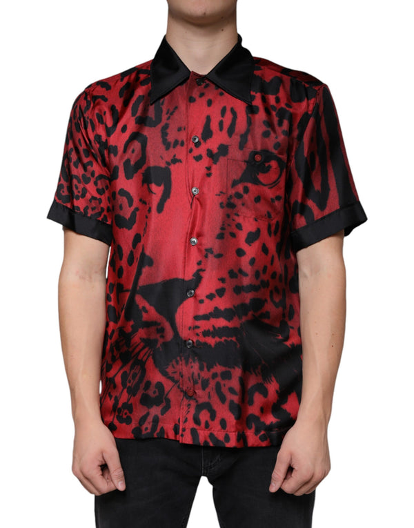 Dolce & Gabbana Red Leopard Silk Button Down Casual Shirt