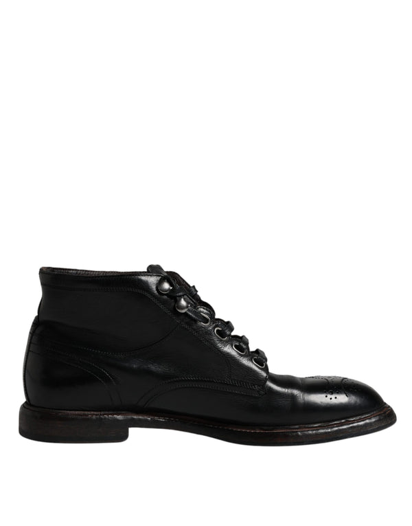 Dolce & Gabbana Black Leather Men Short Boots Lace Up Shoes