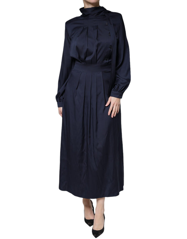 Ballantyne Dark Blue Long Sleeves Pleated A-line Maxi Dress