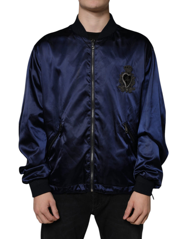 Dolce & Gabbana Blue Crown Heart Full Zip Men Bomber Jacket