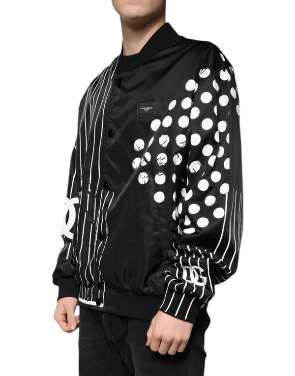 Dolce & Gabbana Black Polka Dot Stripe Nylon Bomber Jacket