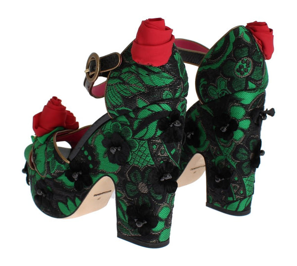 Dolce &amp; Gabbana Green Brocade Snakeskin Roses -kristallikengät