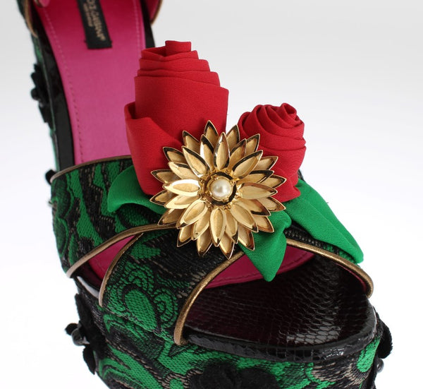 Dolce &amp; Gabbana Green Brocade Snakeskin Roses -kristallikengät