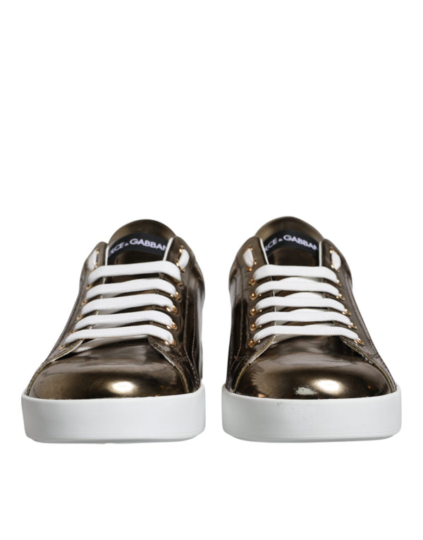 Dolce & Gabbana Gold Leather Logo Portofino Men Sneaker Shoes