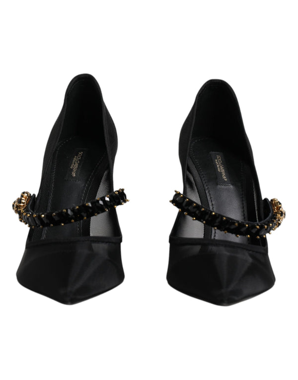 Dolce & Gabbana Black Mesh Mary Jane Crystal Heel Pump Shoes