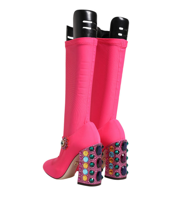 Dolce & Gabbana Pink Nylon Crystal Vally High Boots Shoes