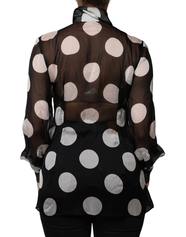 Dolce & Gabbana Black White Polka Dots Silk Long Sleeves Top