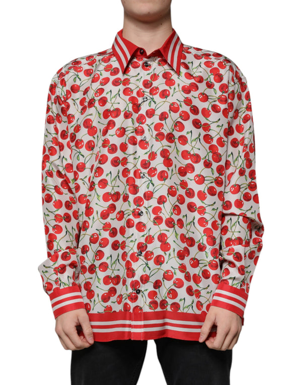 Dolce & Gabbana White Cherry Silk Button Down Casual Shirt