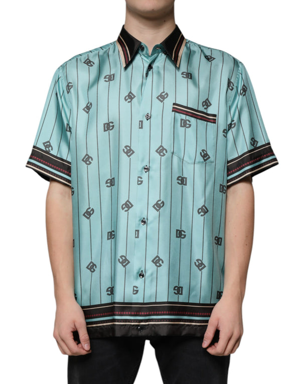 Dolce & Gabbana Green Striped Logo Short Sleeve Casual Shirt