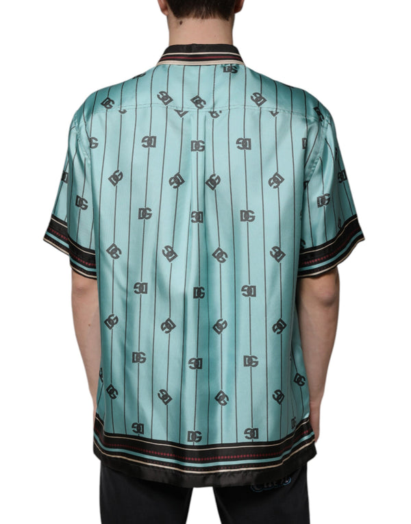 Dolce & Gabbana Green Striped Logo Short Sleeve Casual Shirt