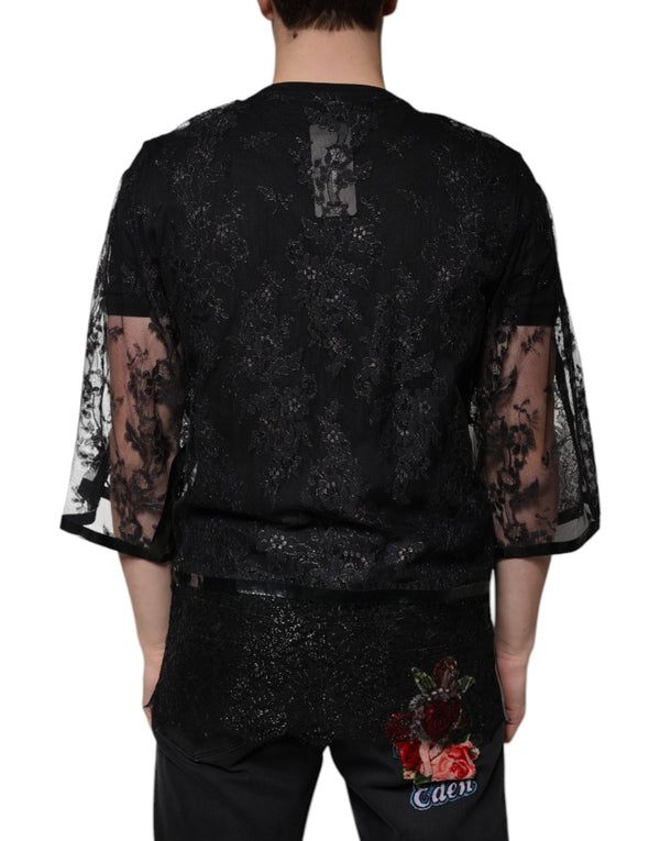 Dolce & Gabbana Black Nylon Floral Lace Crew Neck T-shirt