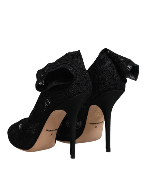 Dolce & Gabbana Black Lace Stretch Heels Mid Calf Boots Shoes