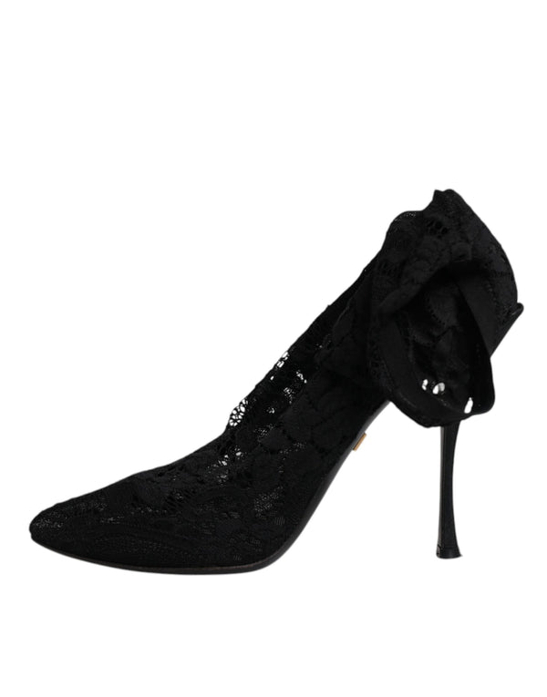 Dolce & Gabbana Black Lace Stretch Heels Mid Calf Boots Shoes