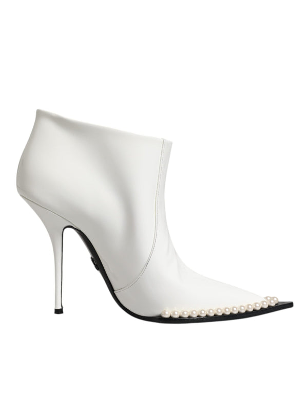 Dolce & Gabbana White Faux Pearl Leather Pointed Toe Ankle Boot Shoes