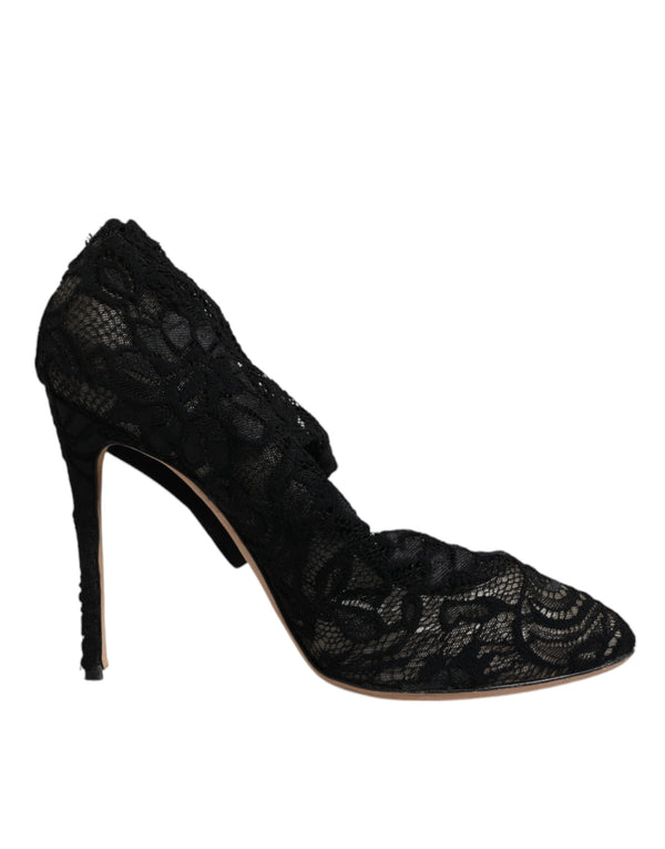 Dolce & Gabbana Black Lace Stretch Heels Mid Calf Boots Shoes