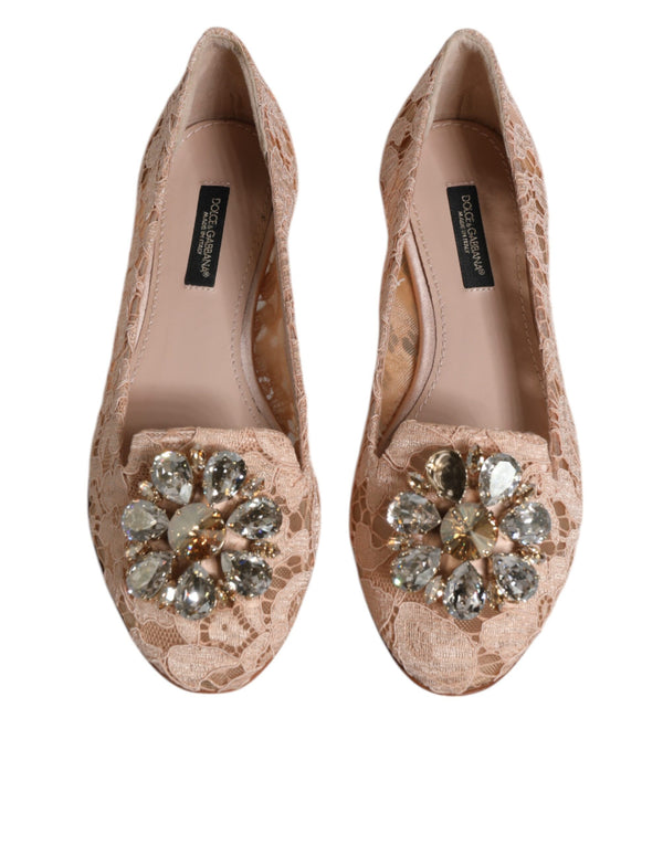 Dolce & Gabbana Beige Lace Crystal Ballet Flats Loafers Shoes