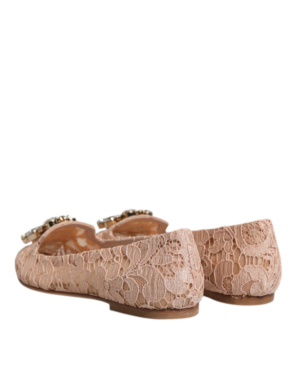 Dolce & Gabbana Beige Lace Crystal Ballet Flats Loafers Shoes