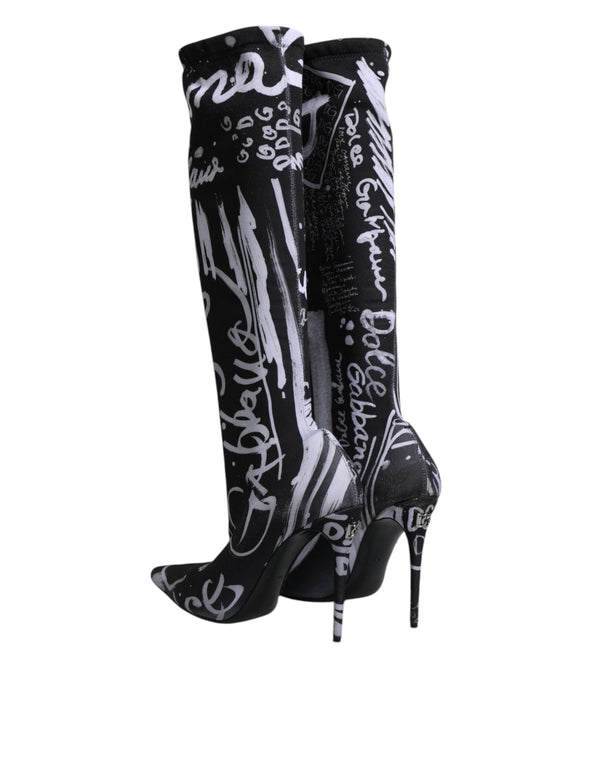 Dolce & Gabbana Black Logo Stretch Heels High Boots Shoes