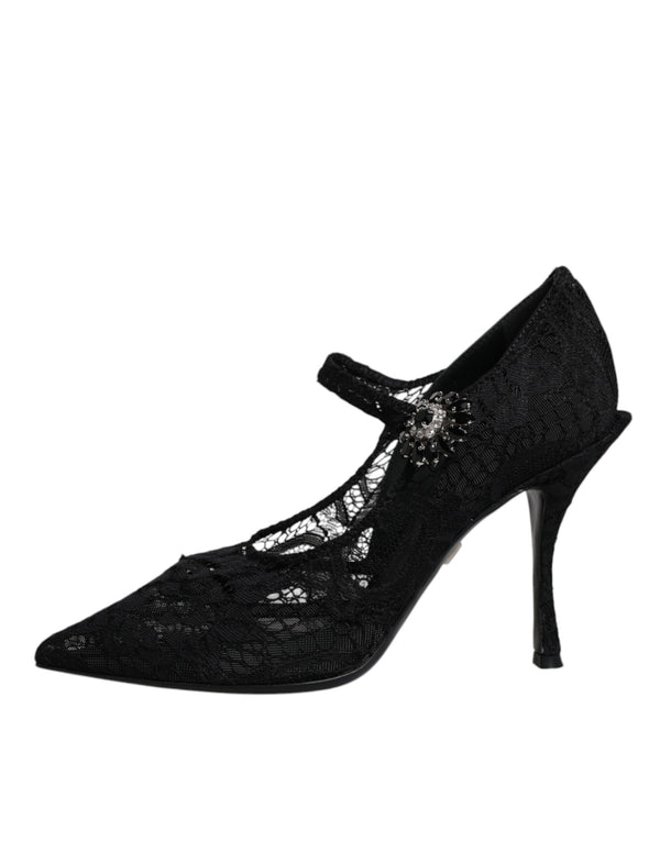 Dolce & Gabbana Black Lace Crystals Mary Jane Pumps Shoes