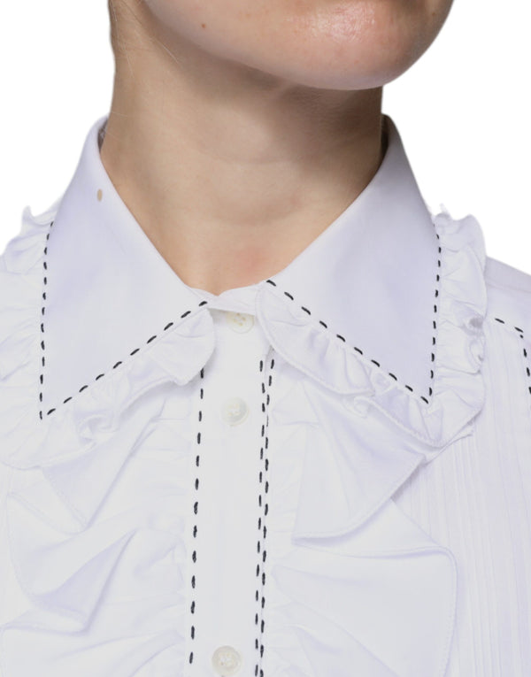 Dolce & Gabbana White Cotton Long Sleeves Ruffle Collar Top