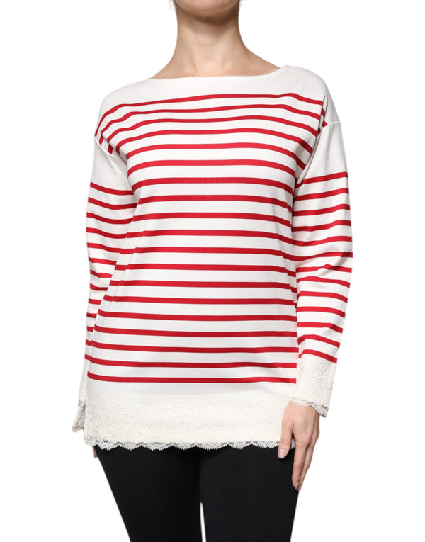 Dolce & Gabbana White Red Stripes Cotton Long Sleeves Top