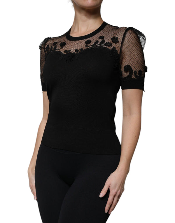 Dolce & Gabbana Black Floral Lace Short Sleeves Blouse Top