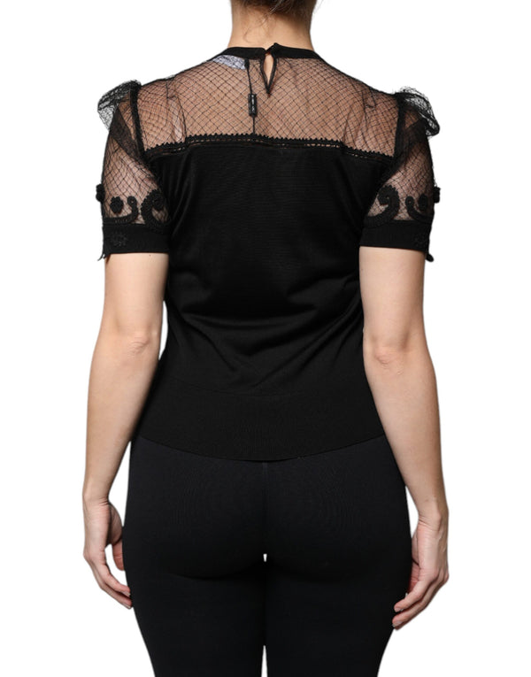 Dolce & Gabbana Black Floral Lace Short Sleeves Blouse Top