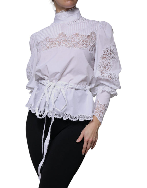 Dolce & Gabbana White Cotton Lace Trim Turtleneck Blouse Top