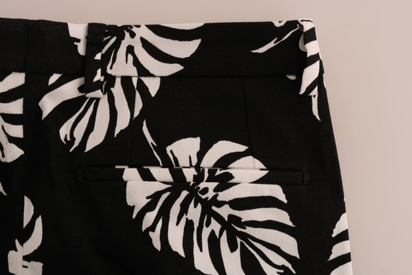 Dolce &amp; Gabbana White Black Leaf Cotton Stretch Slim -housut