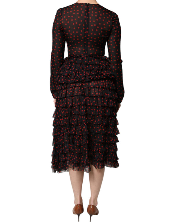 Dolce & Gabbana Black Red Polka Dot Silk Layered Midi Dress