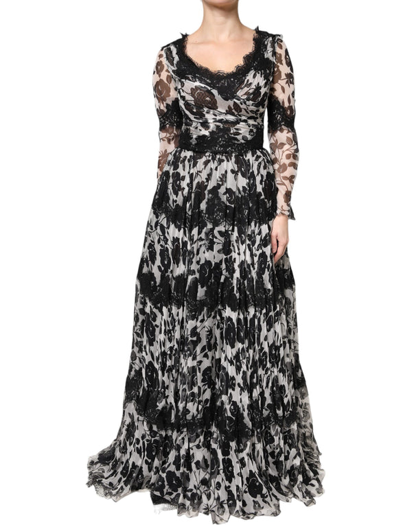 Dolce & Gabbana Black Silk Floral Lace Ricamo Ball Maxi Dress