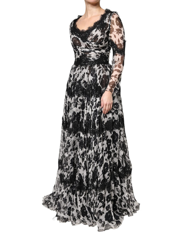 Dolce & Gabbana Black Silk Floral Lace Ricamo Ball Maxi Dress