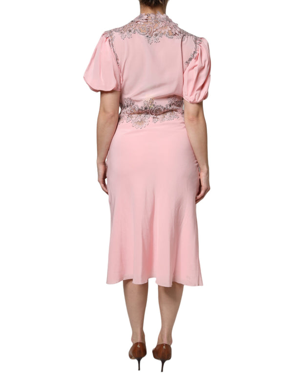 Ermanno Scervino Pink Floral Lace Short Sleeves V-neck Midi Dress