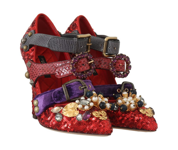 Dolce &amp; Gabbana Red Sequined Crystal Studs Heels -kengät