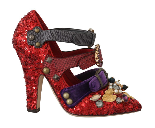 Dolce &amp; Gabbana Red Sequined Crystal Studs Heels -kengät