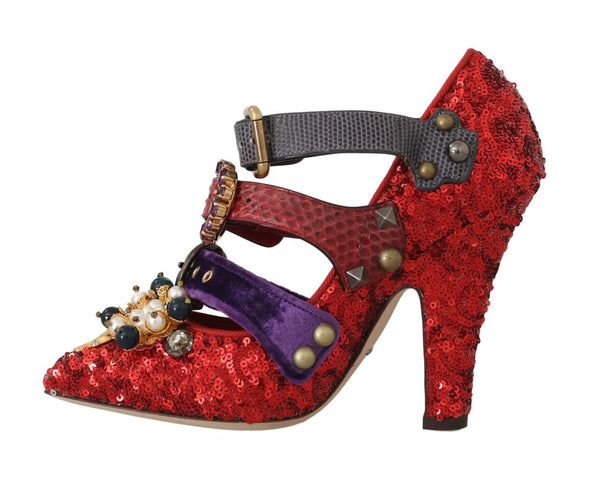 Dolce &amp; Gabbana Red Sequined Crystal Studs Heels -kengät