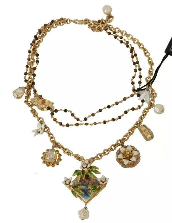 Dolce & Gabbana Gold Brass Crystal Floral Statement Charms Necklace