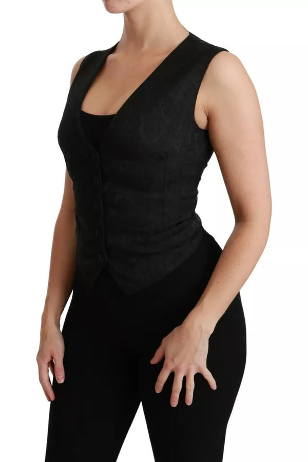 Dolce & Gabbana Black Lace Waistcoat Slim Vest Silk Top