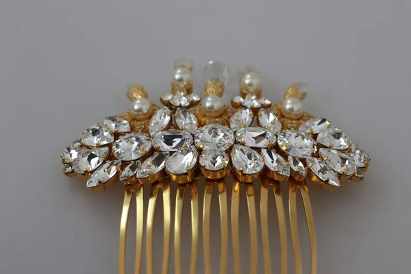 Dolce & Gabbana Gold Brass Clear Crystal Hair Stick Accessory Comb