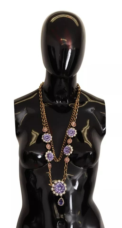 Dolce & Gabbana Gold Tone Floral Crystals Purple Embellished Necklace