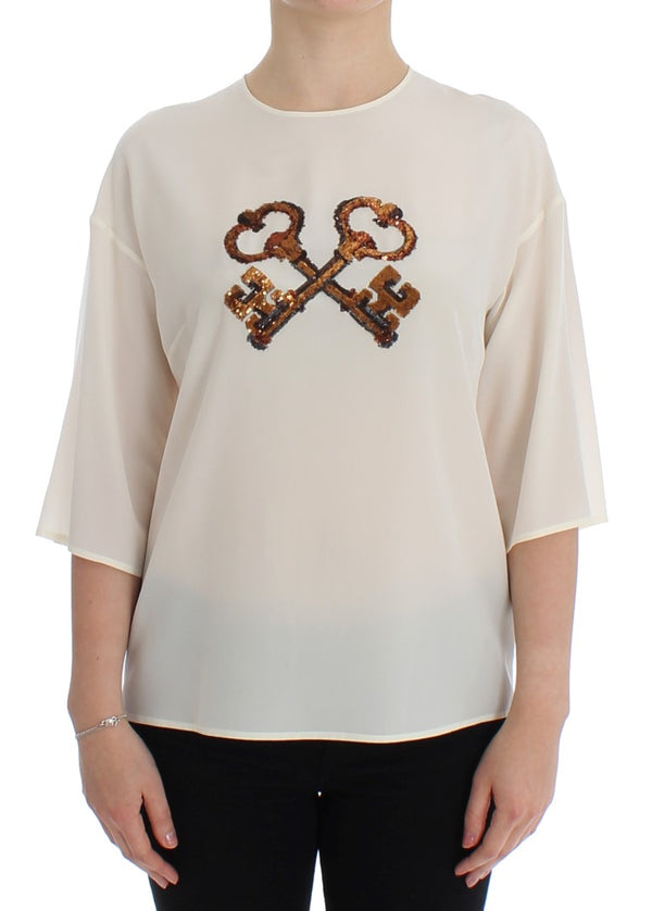 Dolce &amp; Gabbana White Sequined Key Silk Pusero T-paita Top