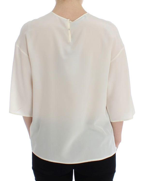 Dolce &amp; Gabbana White Sequined Key Silk Pusero T-paita Top