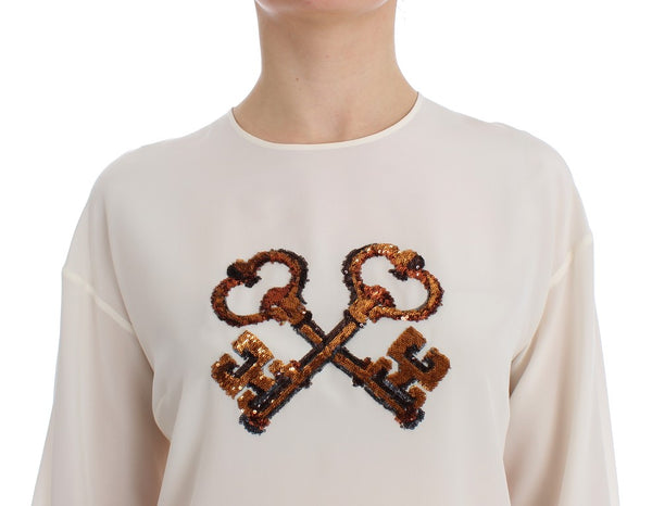 Dolce &amp; Gabbana White Sequined Key Silk Pusero T-paita Top